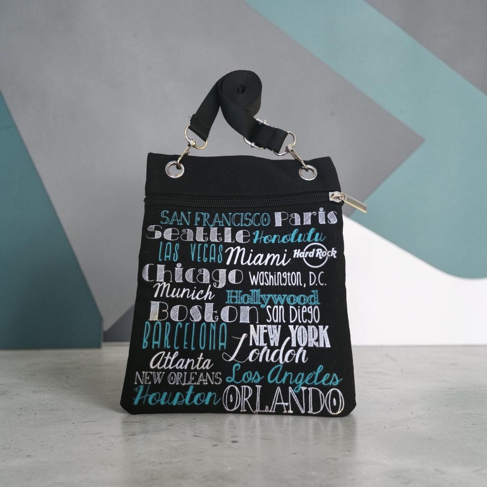 Hard Rock locations crossbody bag 8" x 6.25"